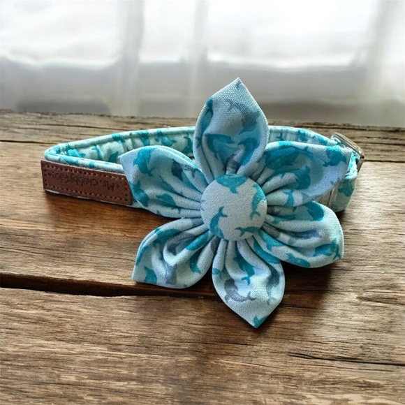 Mr Chubbyface blue dolphin print dog collar with flower accent - Picture 2 of 3